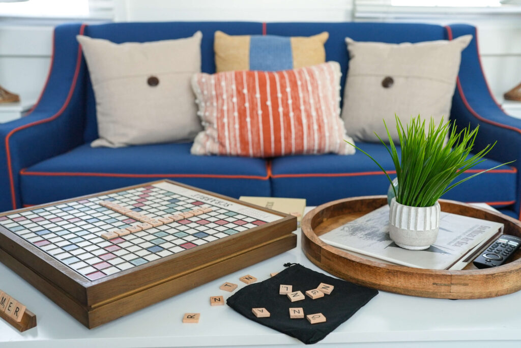 Blue couch with board games
