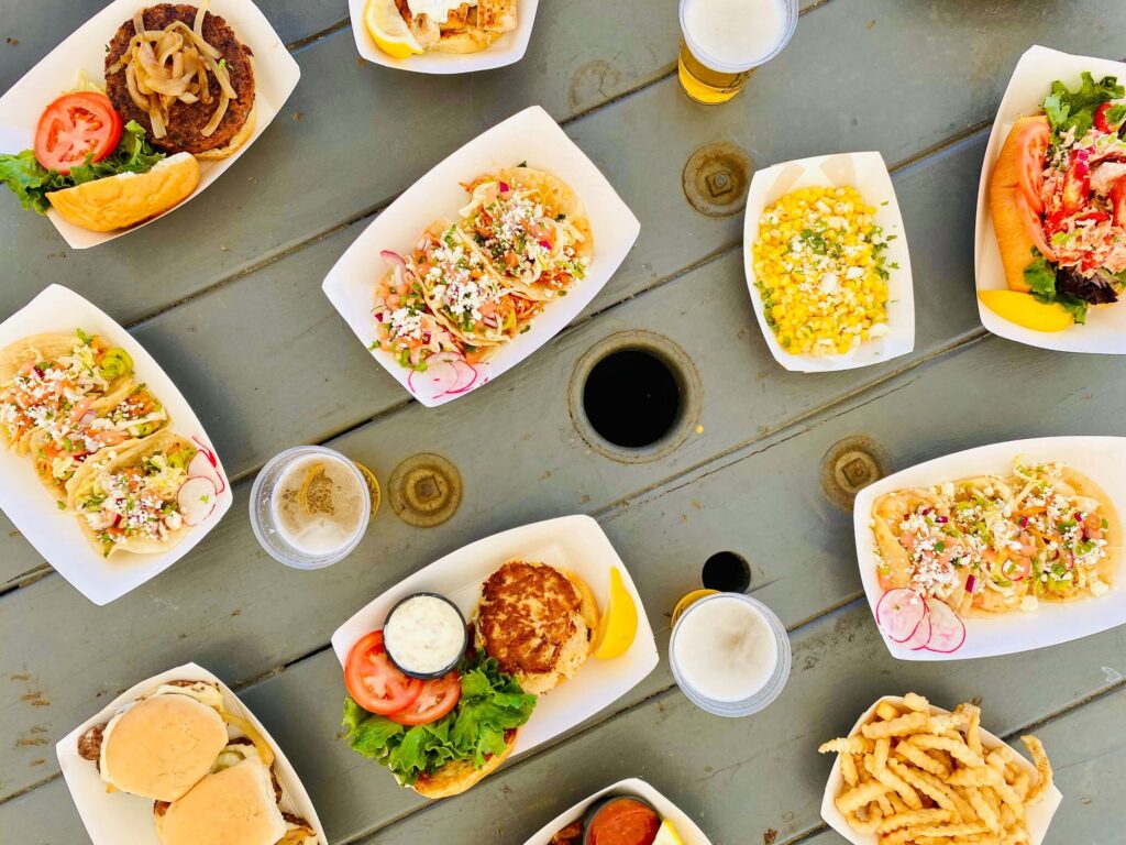 Tacos and appetizers with beer