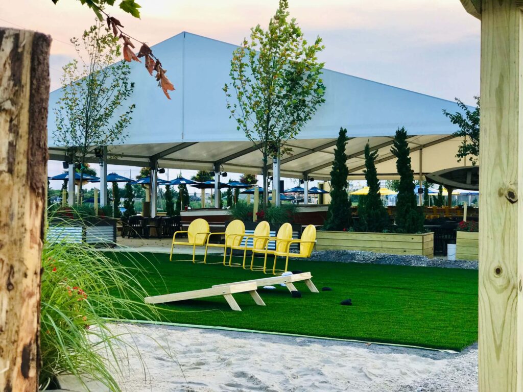 Lawn games and chairs at The Boatyard