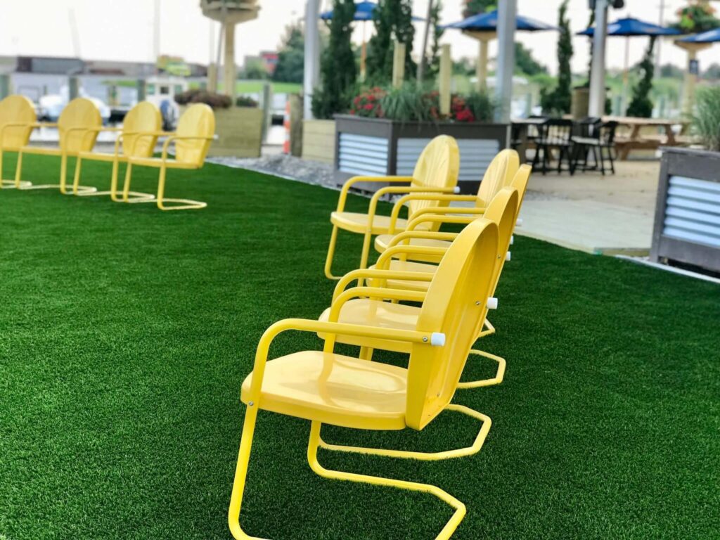 Yellow chairs on the lawn